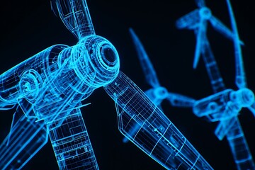 Futuristic blue wireframe wind turbines against dark background