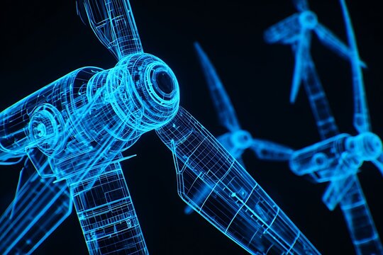 Futuristic blue wireframe wind turbines against dark background