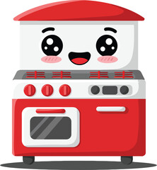 Cute red and white cartoon stove with happy face kitchen appliance vector illustration 