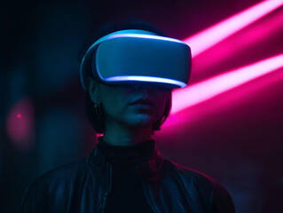 Virtual Reality Technology User with Neon Lights