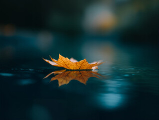 Autumn Leaf Floating on Peaceful Pond Surface