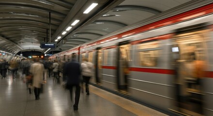 A busy subway station with a moving train. Commuters rush to board the train. The scene captures the hustle and bustle of urban transportation.