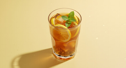 Refreshing tall glass of iced tea with bright lemon slices and fresh mint leaves, a perfect cool drink for summer heat.