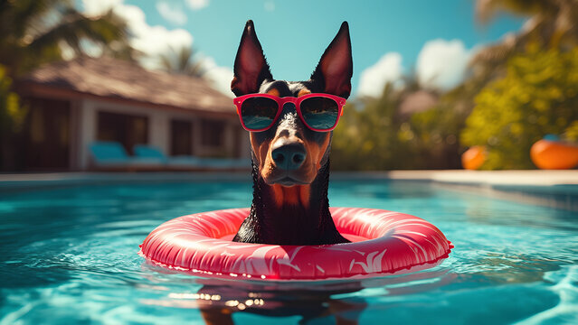 Black doberman, in sunglasses, swims with red inflatable ring in pool, on exotic villa with palm trees on vacation. vacation concept with pet.