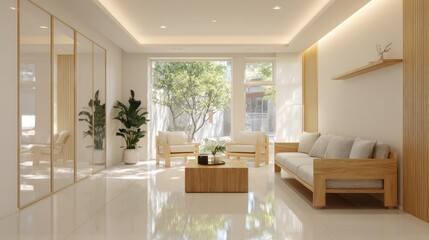 Fototapeta premium Bright airy room with minimalist furniture, tile floor, and view of greenery outside