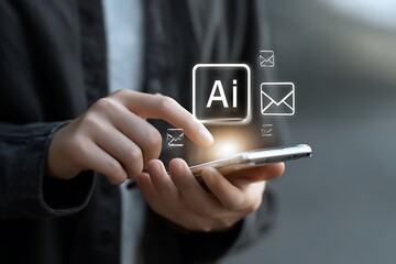 Person using smartphone with ai and email icons overlay