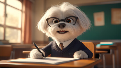 very smart dog teacher, in glasses, sits in the classroom and writes with a pen on white paper with a smile. at a school lesson at a desk. learning concept, back to school