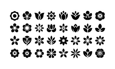 Collection of  vector illustration black silhouette floral icons in various styles,  complex layered petals, lotus shapes, geometric floral patterns, and rounded or pointed designs, easily editable.