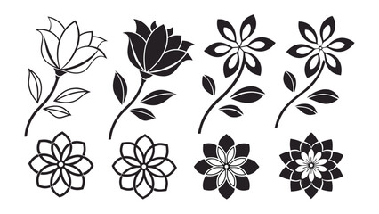 Collection of  vector illustration black silhouette floral icons in various styles,  complex layered petals, lotus shapes, geometric floral patterns, and rounded or pointed designs, easily editable.