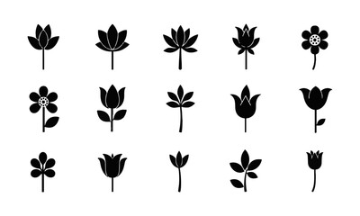 Collection of  vector illustration black silhouette floral icons in various styles,  complex layered petals, lotus shapes, geometric floral patterns, and rounded or pointed designs, easily editable.