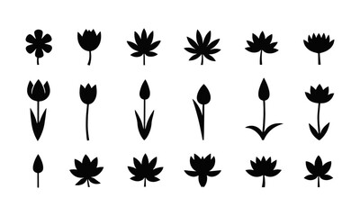 Collection of  vector illustration black silhouette floral icons in various styles,  complex layered petals, lotus shapes, geometric floral patterns, and rounded or pointed designs, easily editable.
