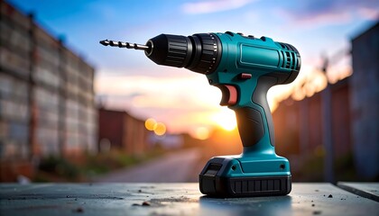 Teal cordless drill, sunset backdrop