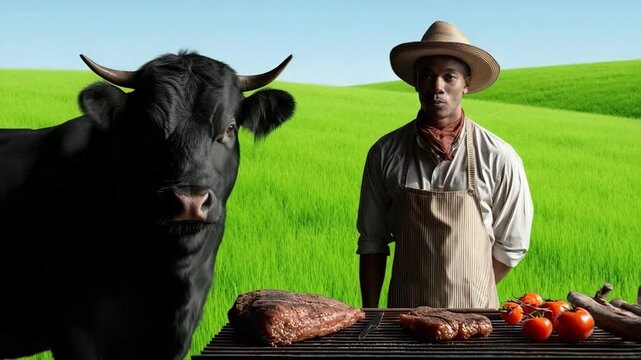 Traditioneller Landwirt mit Rind und frisch gebratenem Rinderfilet-Steak auf rustikalem Holztisch. K&uuml;nstliche Intelligenz KI