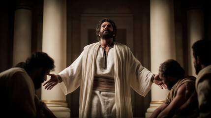 In a grand Egyptian court, Joseph stands with arms wide open, tears shining in his eyes. His brothers kneel in stunned silence, golden columns and sheer white curtains glowing in warm light.