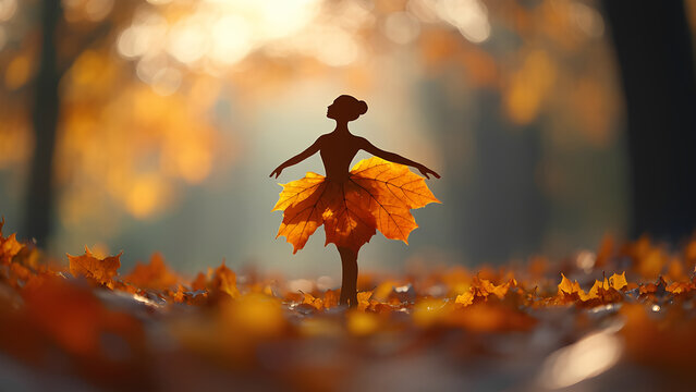 Silhouette of a ballerina made of autumn leaves. concept of autumn leaf fall.