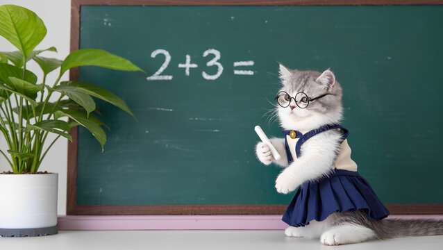 cute kitten schoolgirl in a school skirt stands at the blackboard in the classroom, with chalk in her paw and thoughtfully solves an example. - Powered by Adobe