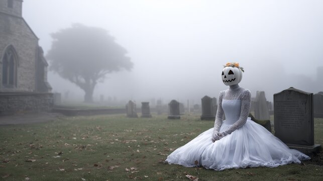Woman wearing white wedding dress with pumpkin head mask sitting in foggy graveyard. Spooky halloween scene concept. - Powered by Adobe