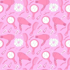 Seamless pink pattern with hair care accessories – comb, mirror, scrunchie, hair dryer, and clips. Feminine flat design for beauty, salon, and fashion projects.