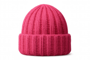 Soft pink knitted wool hat, featuring warm textured design, floating against clean transparent backdrop for winter fashion styling
