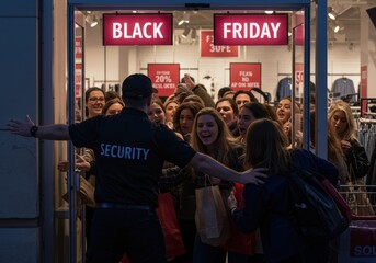 Fototapeta premium Shoppers eagerly push towards a store entrance on Black Friday, led by a security guard.