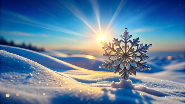 Photo of a delicate snowflake stands tall in a snowy landscape during a golden sunrise, casting long shadows and creating a magical winter scene - Powered by Adobe