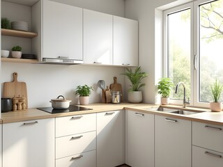 Bright Modern Kitchen Interior:  White Cabinets, Light Wood Countertops, Sunlit Window, Plants.