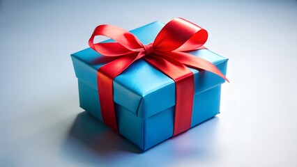 Photo of blue gift box with red ribbon and bow, isolated on a light blue background