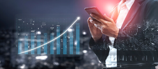 A businessman in a suit is focused on a smartphone, with financial data and a growth chart overlay, capturing the essence of modern business strategy and investment. Impute