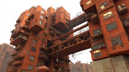 Rusty, layered apartment buildings connected by a bridge.