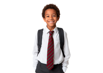Child in school uniform with backpack on transparent background, PNG	