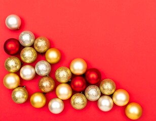 Christmas ornaments on red background