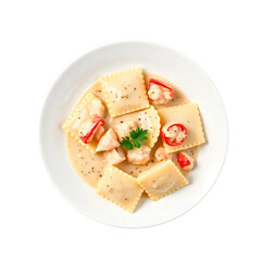 Lobster ravioli pasta with creamy sauce on white plate isolated on transparent background