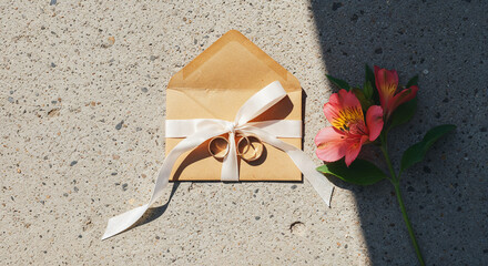 golden rings on envelope near white ribbon and Hortense flower on grey textured surface