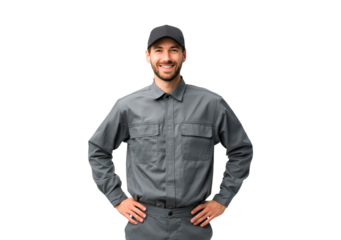 Man in gray uniform smiling with hands on hips on transparent background, PNG	