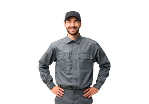 Man in gray uniform smiling with hands on hips on transparent background, PNG	