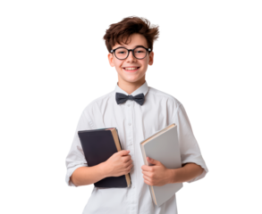Smiling teen male with glasses holding books on transparent background, PNG	