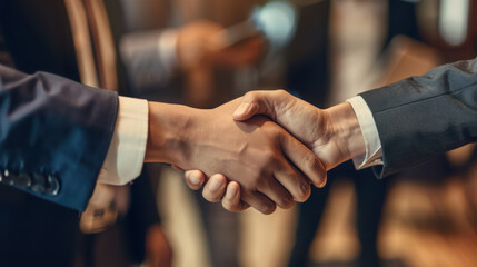 Close up of two businessmen shaking hands in a deal with blurred background and formal attire visible