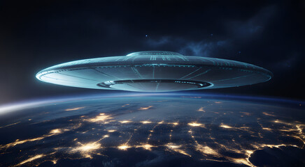 Obraz premium UFO over Earth: An alien craft hovers above the illuminated Earth, presenting a mesmerizing science fiction scene. Explore the mysteries of the cosmos.