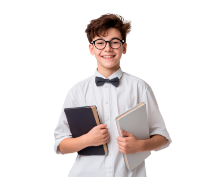 Smiling teen male with glasses holding books on transparent background, PNG	 - Powered by Adobe
