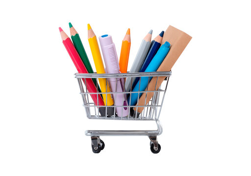 Vibrant art supplies in miniature shopping cart on transparent background, PNG	