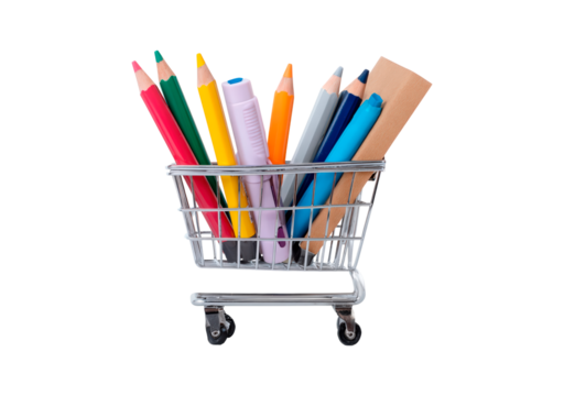 Vibrant art supplies in miniature shopping cart on transparent background, PNG	
