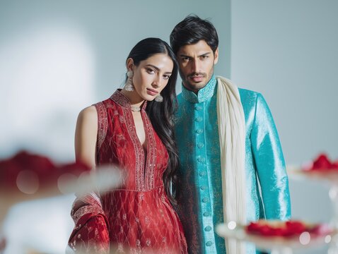 Elegant couple wearing traditional Indian formal attire for wedding celebration or cultural event, radiating love and heritage