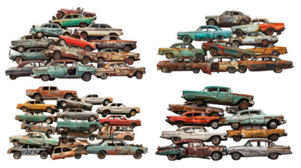 Piles of old, rusty, and broken vintage cars stacked up, representing a car junkyard or recycling facility, isolated on a transparent background