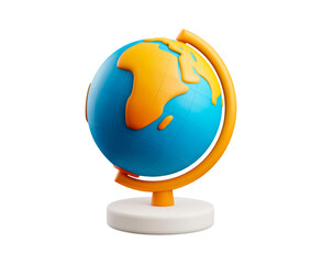 3D colorful cartoon globe on stand on transparent background, PNG	