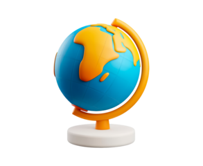 3D colorful cartoon globe on stand on transparent background, PNG	