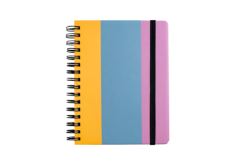 Colorful spiral notebook with elastic band and striped cover on transparent background, PNG