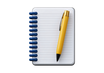 Spiral notebook with lined pages and yellow pen on transparent background, PNG	
