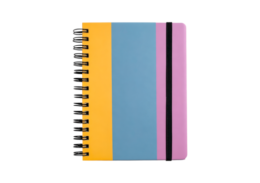 Colorful spiral notebook with elastic band and striped cover on transparent background, PNG	