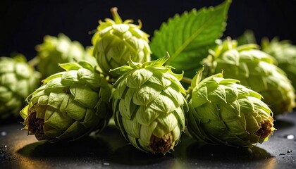 Obraz premium Fresh green hops close-up with leaf on dark background