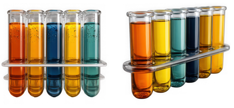 Colorful liquids in laboratory test tubes arranged in a rack, isolated on transparent background